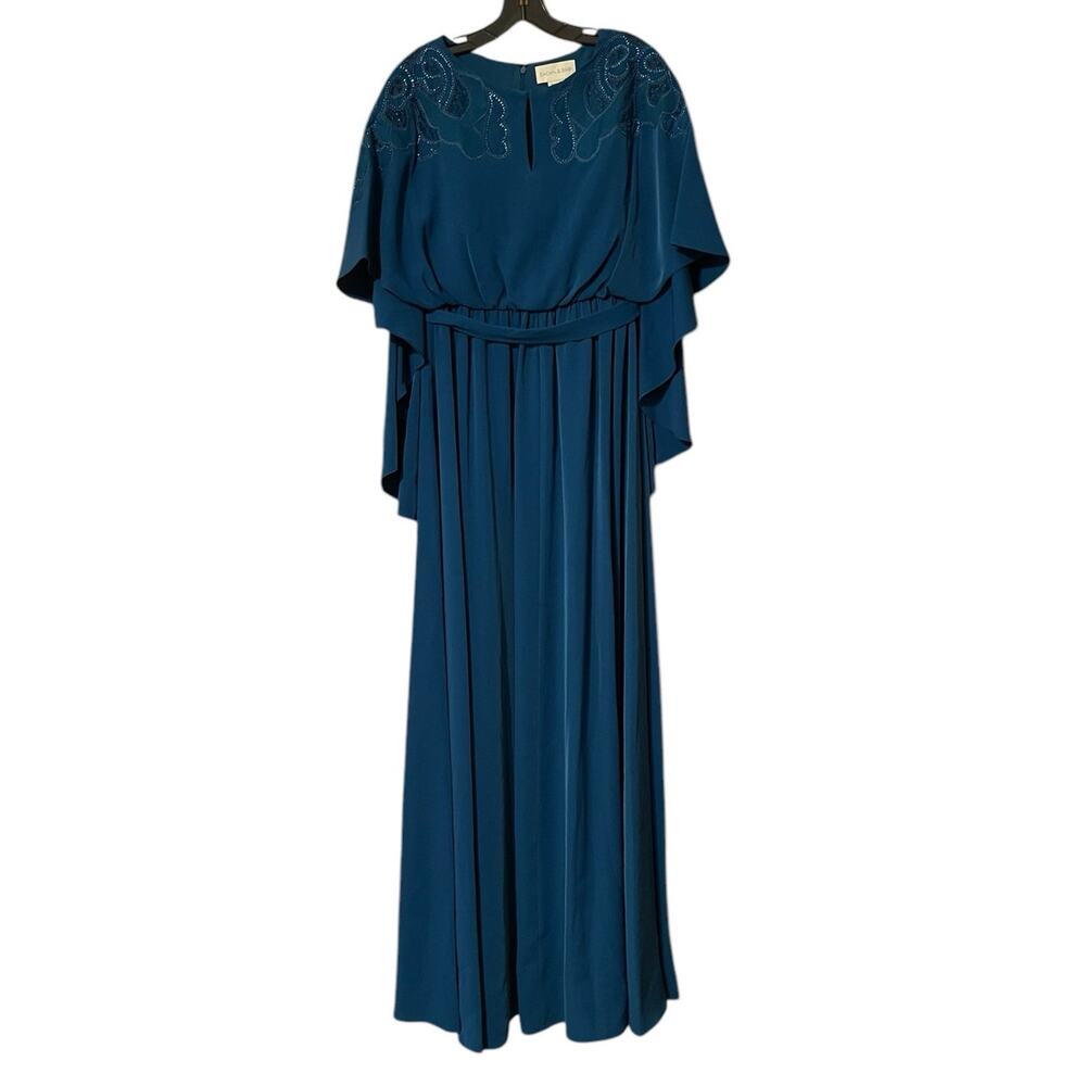 Sachin & Babi NEW Size 10 Moroccan Blue Crepe Embroidered Wren Cape Maxi Gown - Picture 4 of 12